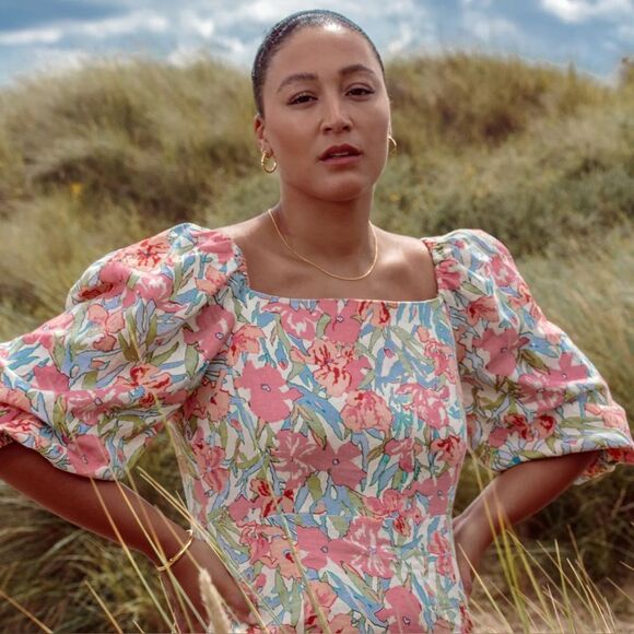 Revolve Warehouse Linen Blend Floral Puff Sleeve Square Neck Mini Dress UK 12 - Picture 2 of 8